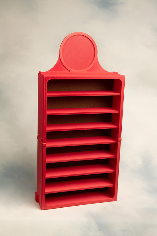 Red 1 belt martial arts display case with a round patch topper a gray background