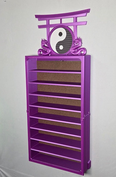 9 belt wall mounted martial arts display case purple color variation with upgrade topper without belts on a light gray background