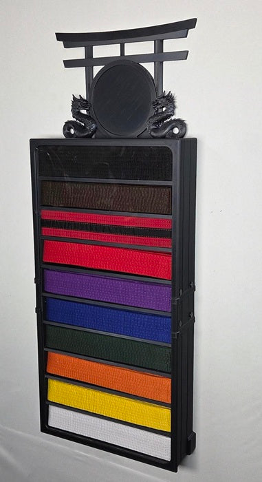 10 belt Black wall mounted martial arts display case with belts and upgrade topper