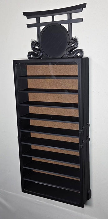 Black color variation 10 belt martial arts wall mounted display with 'upgrade' Topper on a light gray background