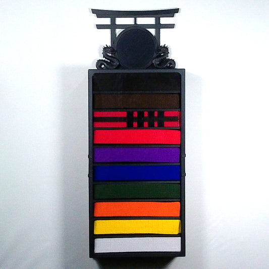 10 belt black wall mounted martial arts display case with belts and Dual Dragon topper - Face-on view
