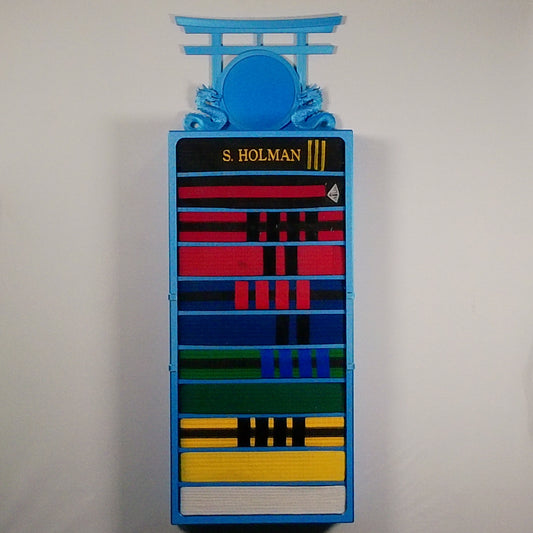 11 belt display case showing premium craftsmanship - blue martial arts belt holder with Dual Dragon topper and belts