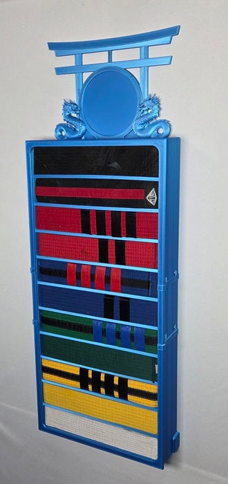 Premium 11 belt blue wall mounted martial arts display case with belts and Dual Dragon topper for Taekwondo- right oblique view