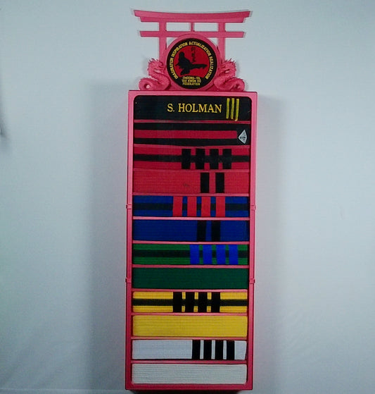 12 belt display case showing premium craftsmanship - red martial arts belt holder with Dual Dragon topper and belts