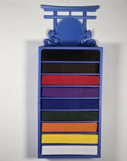 9 belt blue wall mounted martial arts display case with belts and Dual Dragon topper - Face-on view