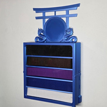 5 belt Royal blue wall mounted martial arts display case with belts and upgrade topper on a light gray background