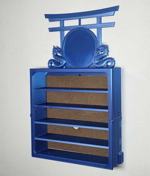 Royal Blue 5 belt martial arts wall mounted display with 'upgrade' Topper on a light gray background