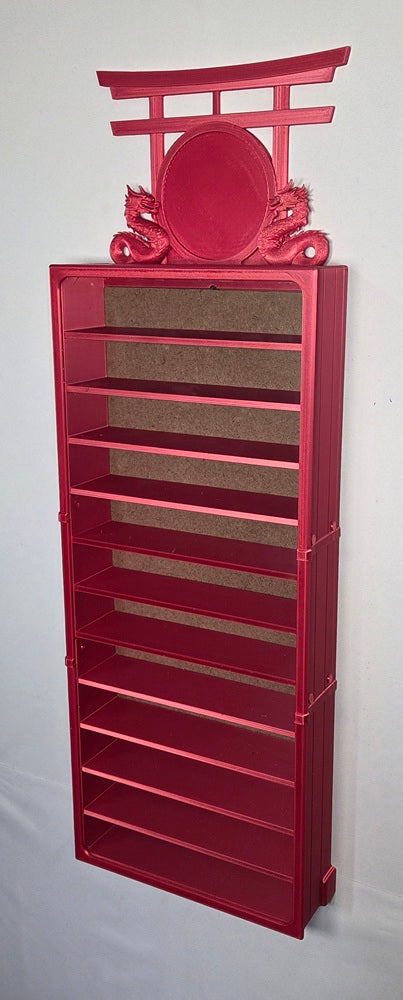 Red color variation 12 belt martial arts wall mounted display with 'upgrade' Topper on a light gray background