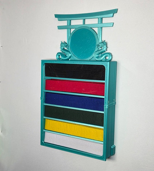 6 belt green wall mounted martial arts display case with belts and upgrade topper