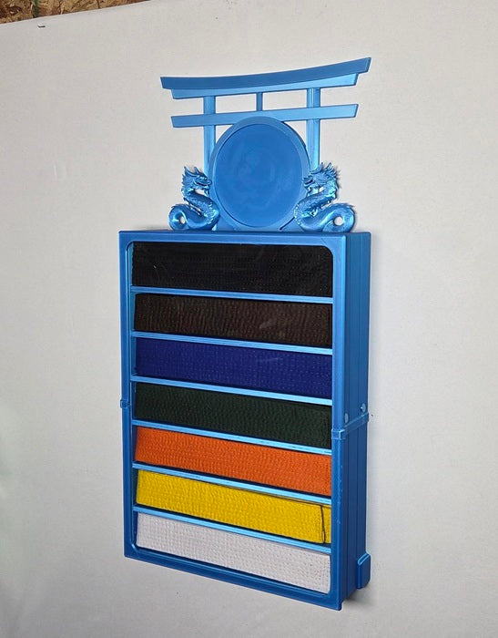 7 belt blue wall mounted martial arts display case with belts and upgrade topper