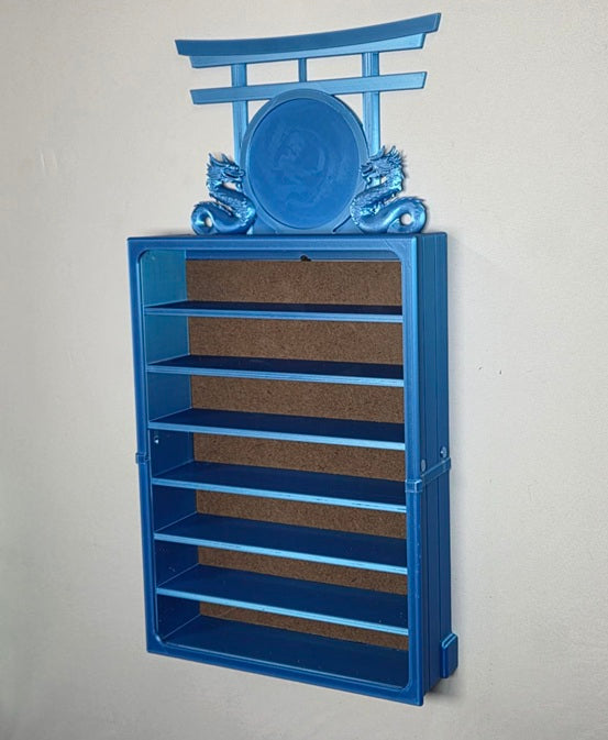 7 belt wall mounted martial arts display case blue color variation with upgrade topper without belts on a light gray background