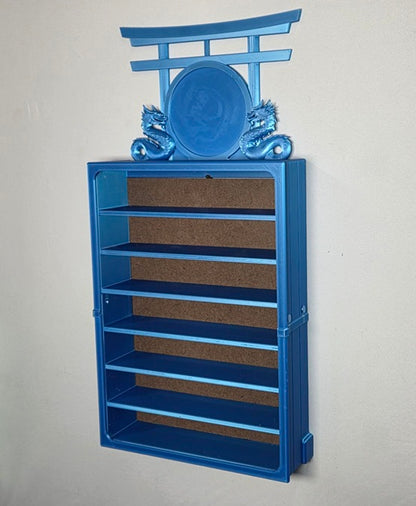 7 belt wall mounted martial arts display case blue color variation with upgrade topper without belts on a light gray background