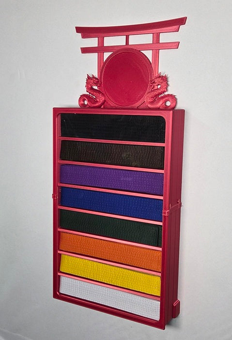 8 belt red wall mounted martial arts display case with belts and upgrade topper