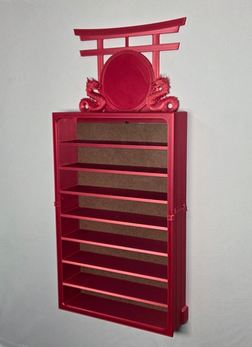 8 belt wall mounted martial arts display case red color variation with upgrade topper without belt on a light gray background