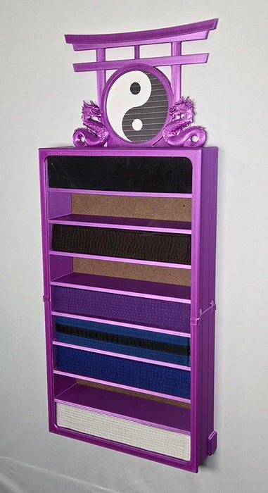 9 belt purple wall mounted martial arts display case with belts and upgrade topper on a light gray background