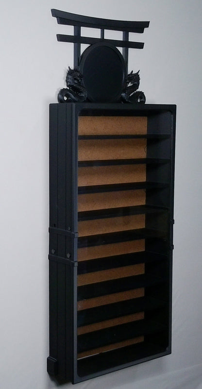 Black color variation wall mounted martial arts display case without belts and Dual Dragon topper on a white background