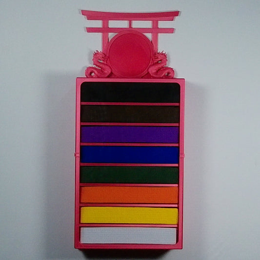 8 belt red wall mounted martial arts display case with belts and Dual Dragon topper - Face-on view