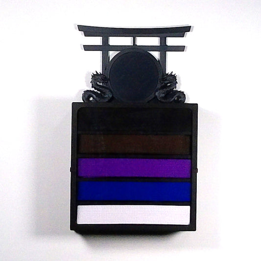 5 belt black wall mounted martial arts display case with belts and Dual Dragon topper - Face-on view