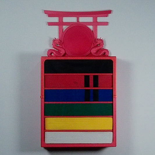 6 belt red wall mounted martial arts display case with belts and Dual Dragon topper - Face-on view