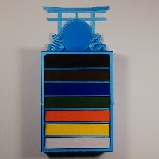 7 belt red wall mounted martial arts display case with belts and Dual Dragon topper - Face-on view