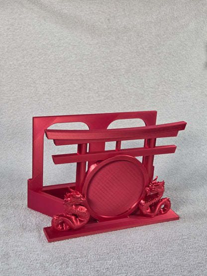 Desktop Martial Arts Display Base - Red color variation. Dual Dragons facing each other set in front of a round patch mounting area and Torii Gate against a white background.