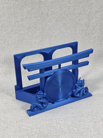 Desktop Martial Arts Display Base - Royal Blue color variation. Dual Dragons facing each other set in front of a round patch mounting area and Torii Gate against a white background.