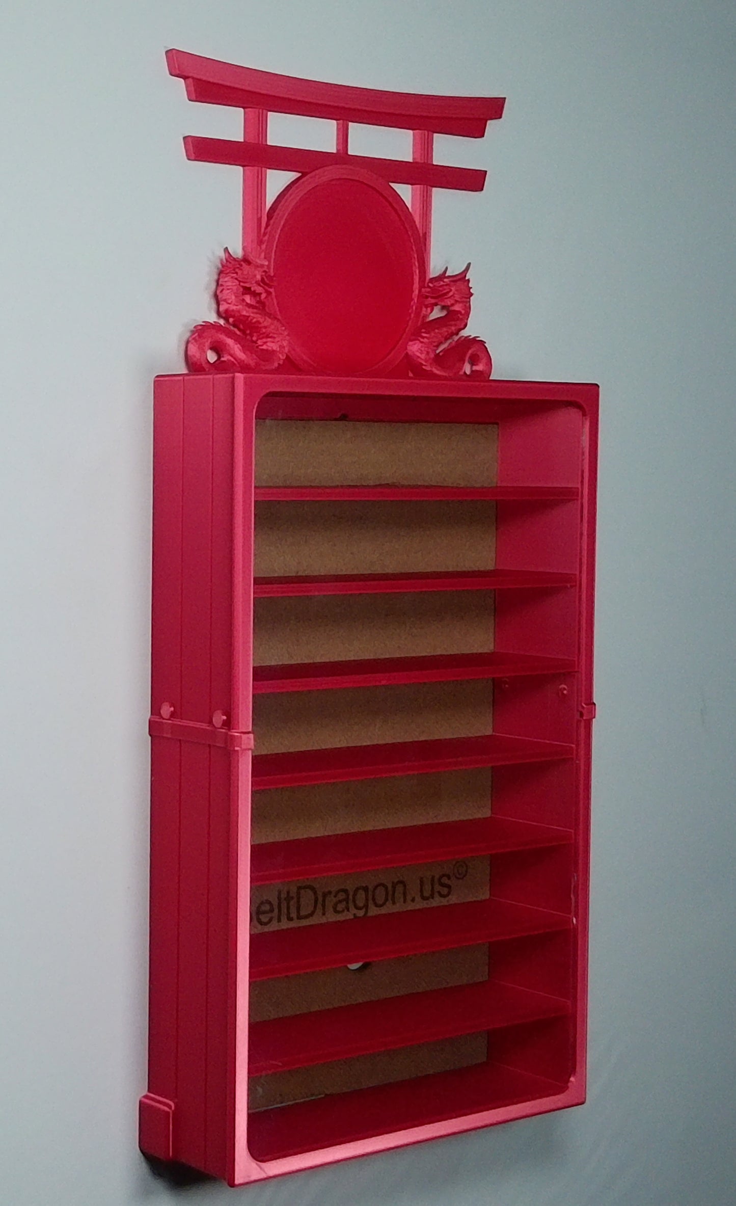 Red color variation wall mounted martial arts display case without belts. Dual Dragon Topper in place