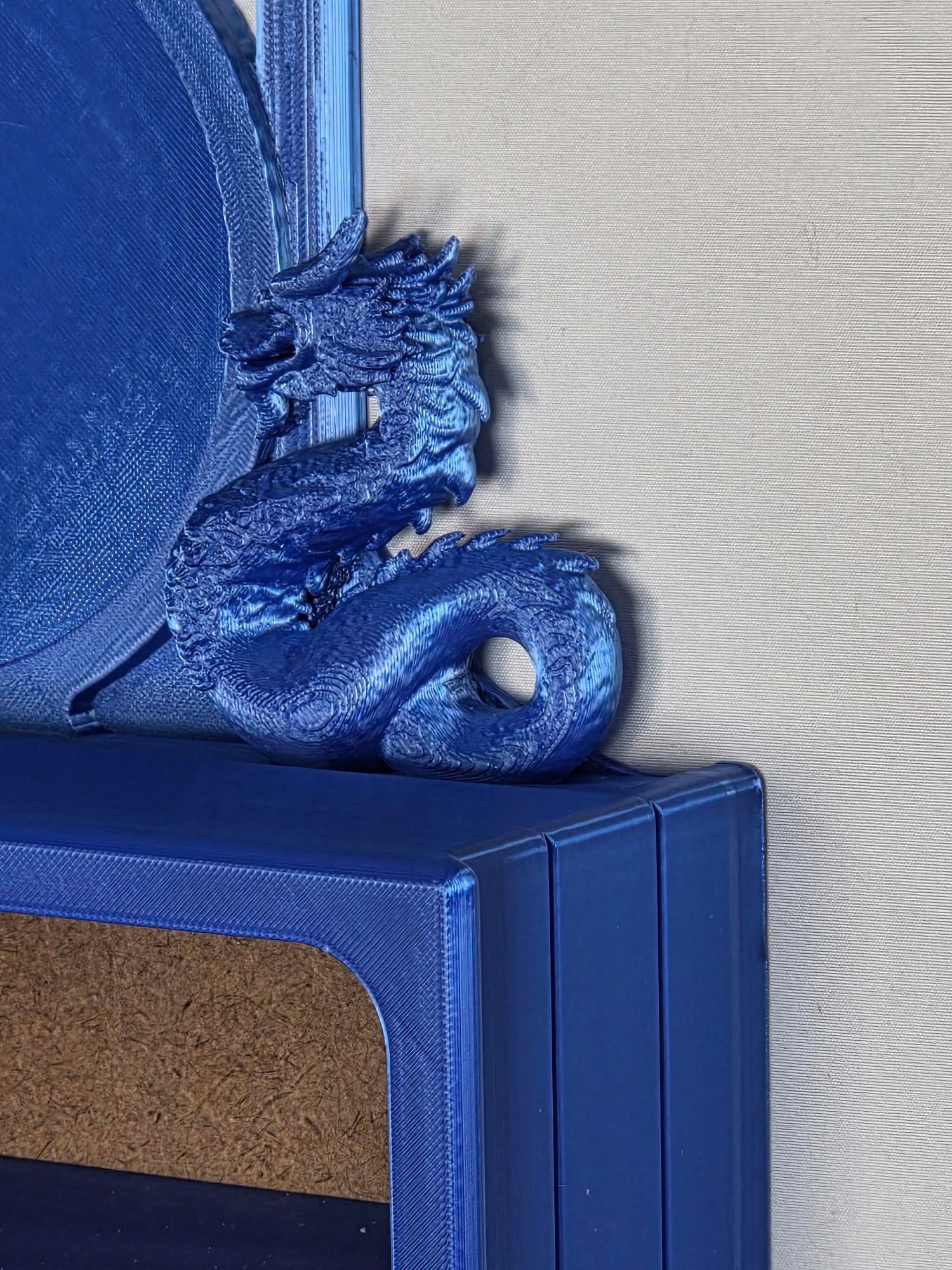  Royal Blue 11 belt display case with Dual Dragon topper craftsmanship closeup
