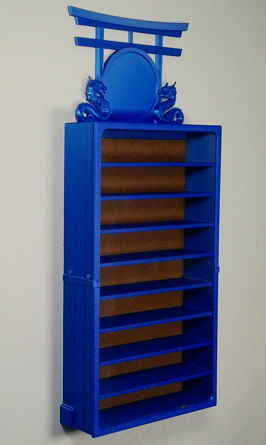 Royal Blue color variation wall mounted martial arts display case without belts and Dual Dragon topper on a white background